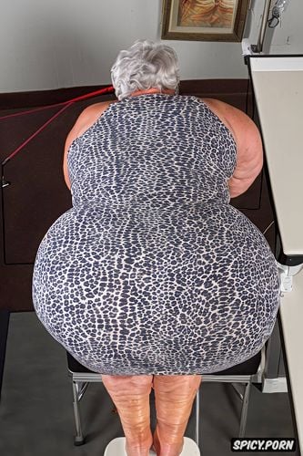 white granny, leaning on table, rear view, hyperrealistic, view from above