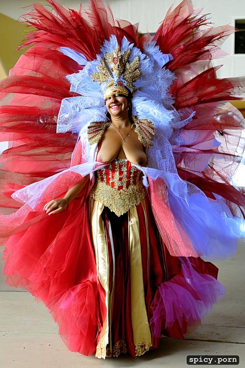 intricate beautiful dancing costume, 69 yo beautiful white caribbean carnival dancer