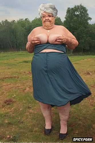 very wide hips, the very old fat grandmother skirt has nude pussy under her skirt