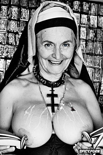 lustful, cross necklace, nun, naked, holding one book, hanging long breasts