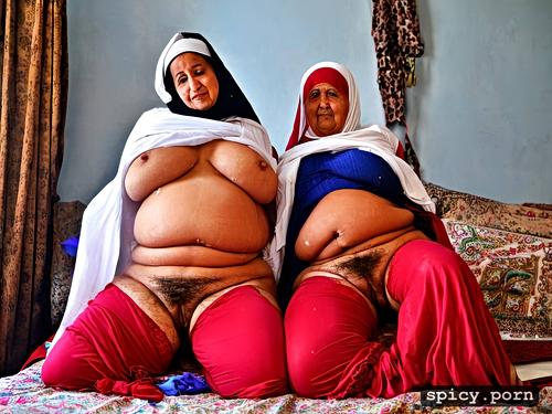 open red hijab, leg spread, wide hips, strong colors, fat belly