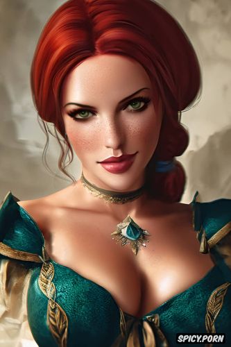 k shot on canon dslr, ultra detailed, ultra realistic, triss merigold the witcher tight outfit beautiful face full lips milf masterpiece
