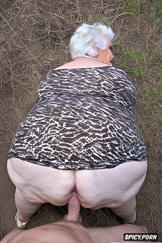 rear view, squatting, white granny, pastel colors, naked, hyperrealistic pregnant pissing cellulite thighs blonde short haircut