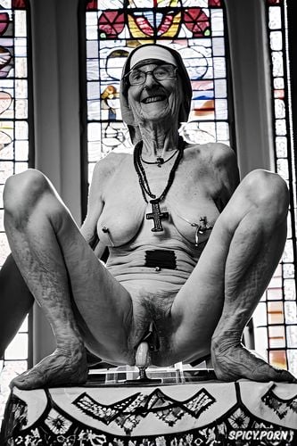 bony, ninety year old, glasses, cathedral, grey hair, holding small saggy breast