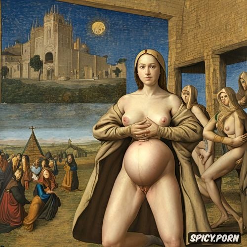 halo, pregnant, classic, virgin mary nude in a stable, spreading legs shows pussy