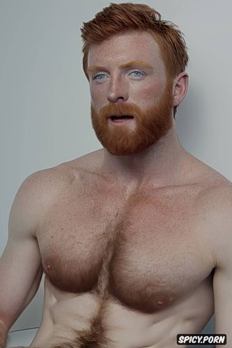 six pack, realistic photo, man, large pecks, redhead, long beard
