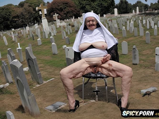 very old granny, zombie, cemetery, catholic nun, huge erected nipples