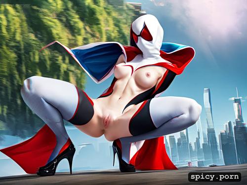 full nude, full mask and hood, squatting, pussy hair, spider gwen from into the spider verse