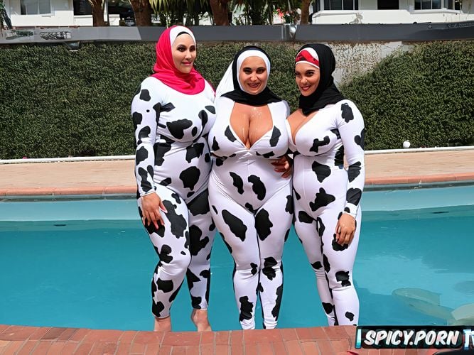 three white bbw milfs, fully clothed busty bbw woman in the swimming pool with hijab swimming suit hold by arabian muscled man wearing argentinian football team jersey