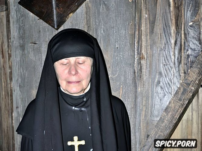 praying, closeup, face covered in cum, very old nun, sad, portrait