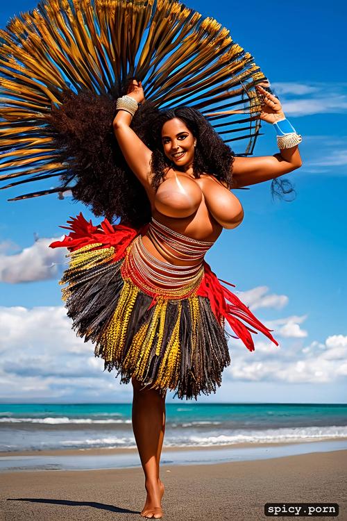 flawless smiling face, 40 yo beautiful tahitian dancer, intricate beautiful hula dancing costume