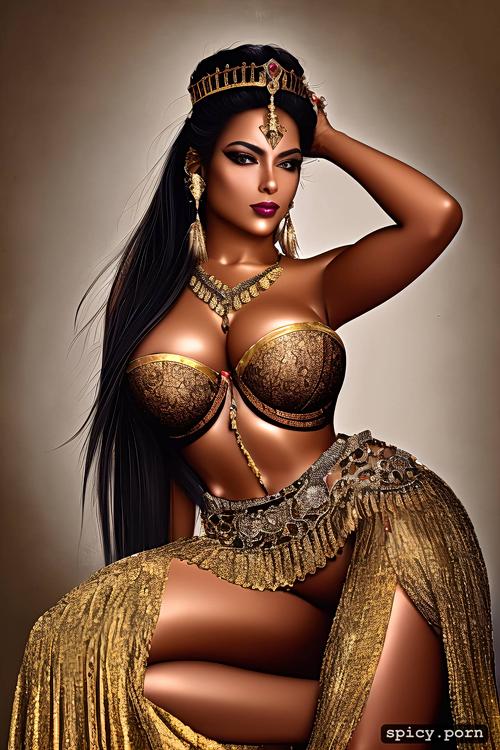 full nude, black hair, hourglass structure, body covered with gold jewellery