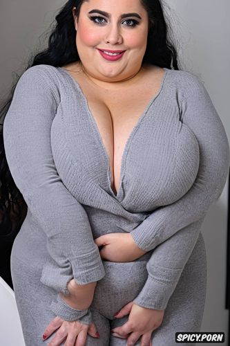 laughing, front view, color photo, extremely busty, chubby pussy