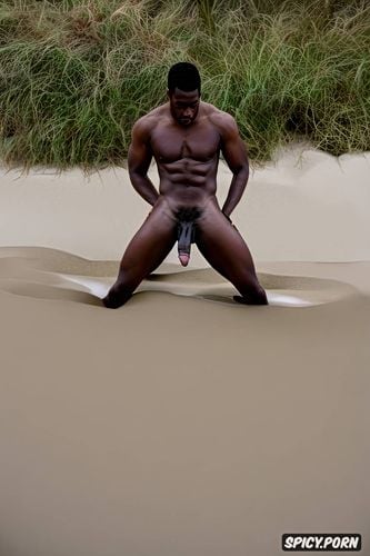 open asshole, abs, black man, on the beach big long erect penis
