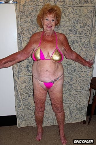 ninety something ginger granny wavey hair, she is wearing zerbra print sling bikini with a silk robe over it