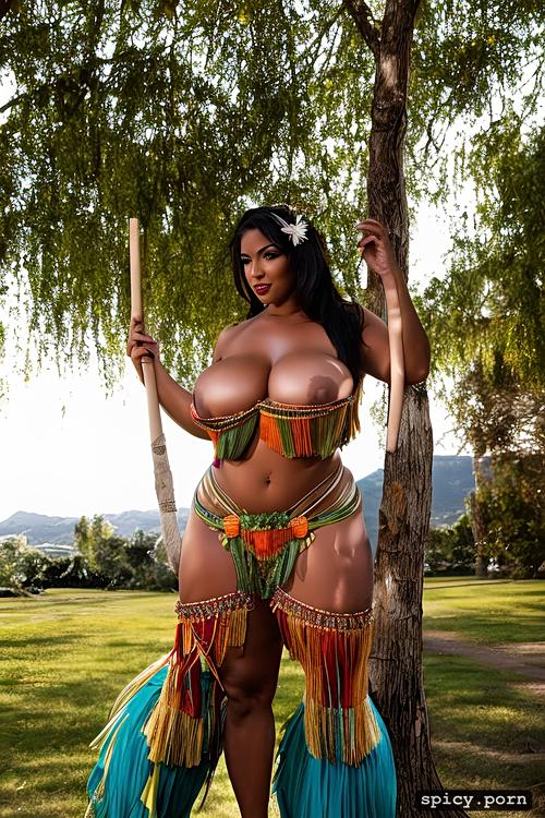 flawless smiling face, 31 yo beautiful tahitian dancer, intricate beautiful hula dancing costume