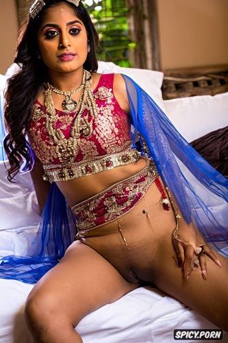 wearing a bridal saree opens her virgin unused vulva on her honeymoon night on the bed
