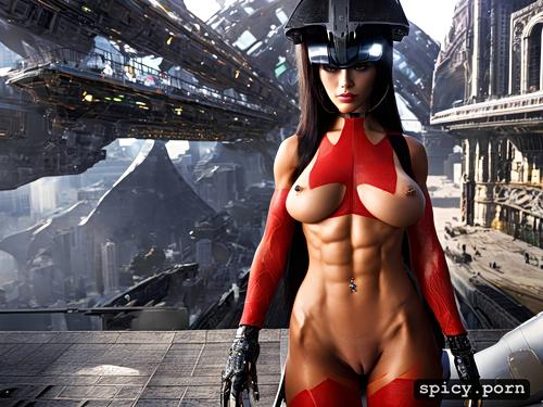 futuristic background, gorgeous naked cyborg woman, highly detailed