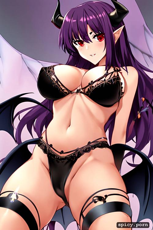 masterpiece, black demonic tail, nice natural boobs, purple hair