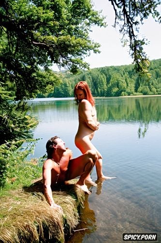 redhead milf peeing on dick of ma in nature by a lake