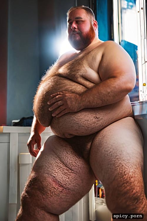 short buzz cut hair, show large testicle, naked, super obese chubby man