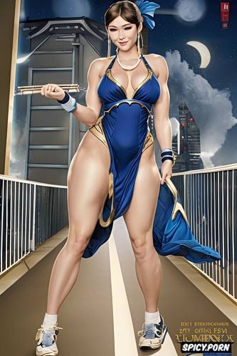 subdued color, white panties, armpit, long dark blue dress, streetfighter