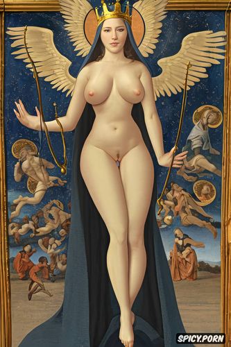 crown glowing, classic, angels, virgin mary nude, medieval, altarpiece