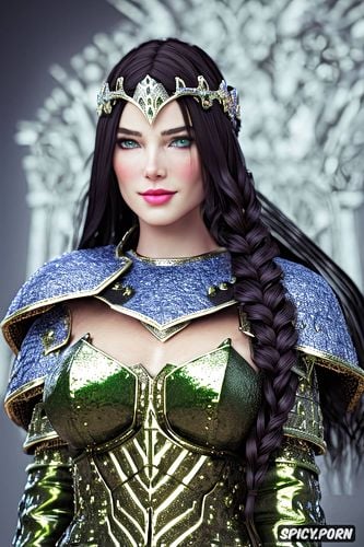 throne, long dark black hair in a braid, tiara, ultra detailed face shot