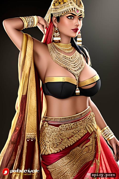 half saree, big boobs, full body front view, athletic body, gold jewellery