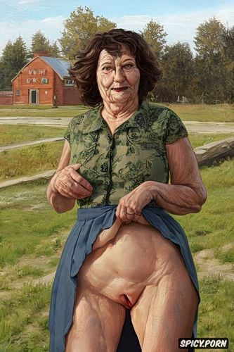 upskirt shows big labia on cunt, the very old fat grandmother skirt has nude pussy under her skirt