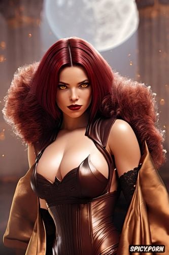 yellow eyes, sultry pout, beautiful face, female sith lord, short curly red hair