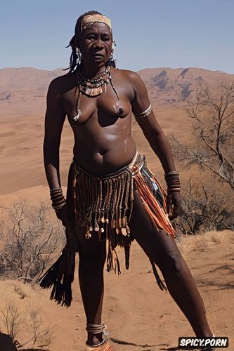 dark brown wrinkled skin, tribal namibian himba granny, hand black nipples pointing away from each other wide big hips