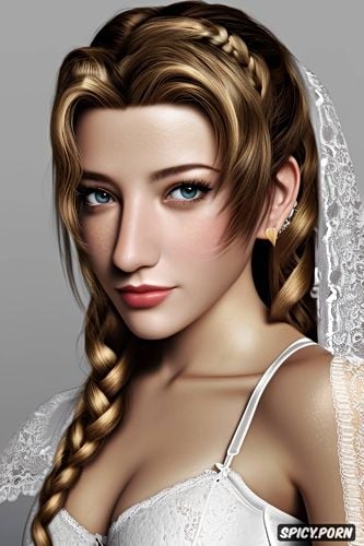 masterpiece, aerith gainsborough final fantasy sheer low cut erotic white lace lingerie white lace stockings beautiful face portrait