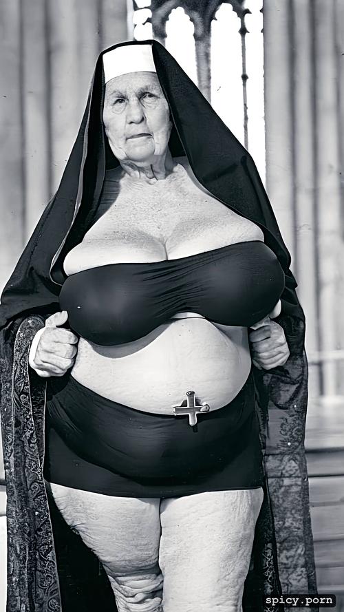 brown air, full body face, nun 65 years old hairy, fat belly