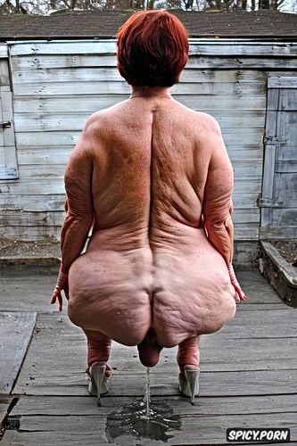 pov, rear view, naked, hyperrealistic pregnant pissing muscular thighs red bobcut haircut