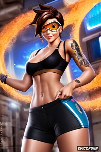 tracer overwatch beautiful face full body shot, black sports bra and booty shorts