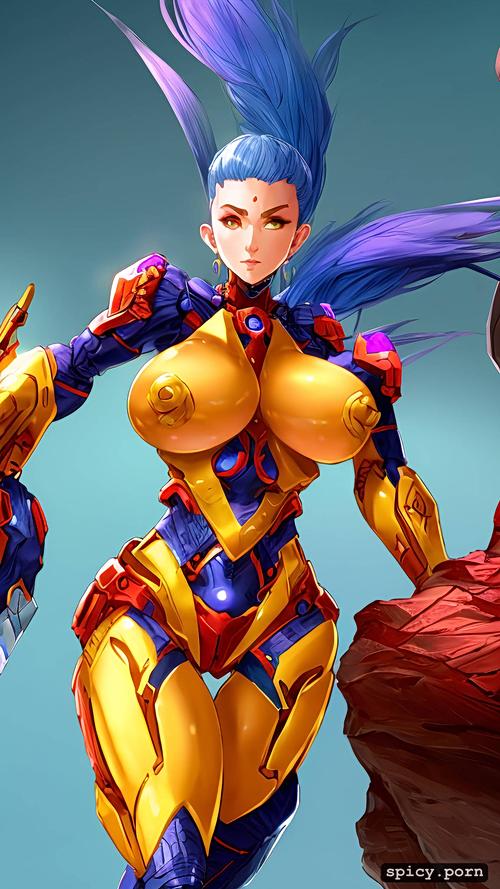 yellow and blue colors, female, strong warrior robot, comprehensive cinematic