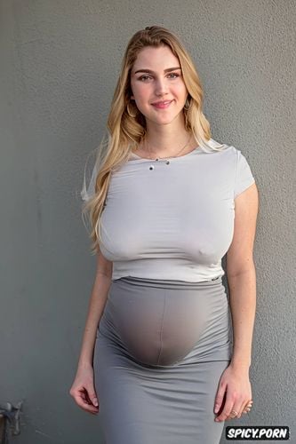 wearing pencil skirt and tight blouse, tiny teenager, in front of gray wall