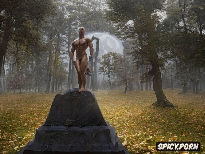 outdoors, handsome young fit nude man historical, woods, ruins
