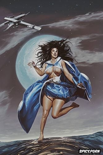 extreme long hair, woman, upskirt, smoke, sickle moon in background
