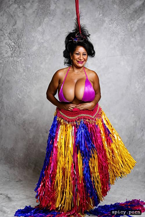 color photo, 63 yo beautiful tahitian dancer, performing, extremely busty