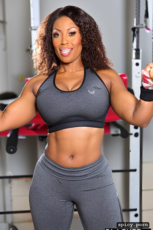 in gym, athletic body1 5, 45 years, curly hair, ebony milf, selfie