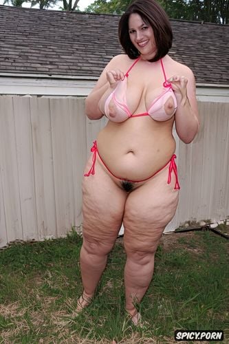 smiling, huge saggy tits, string bikini with slight pubic hair visible