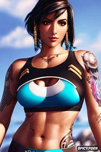 ultra realistic, pharah overwatch beautiful face young sexy tight black yoga pants and top