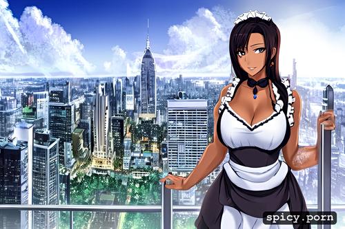 realistic, city skyline in back ground, columbian maid, standing on front of window