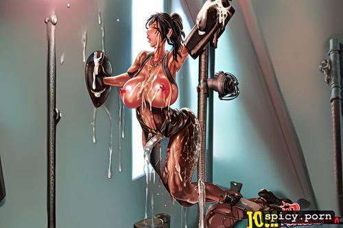 drenched in cum, fully naked, semen dripping from her face, background covered in semen