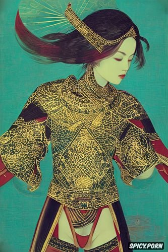 wearing red tunic, dimensional, gold frame, carpet texture, flat painting japanese woodblock print