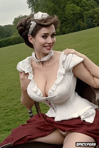 smiling, smiling seductively, victorian era england, licking and biting her nipple