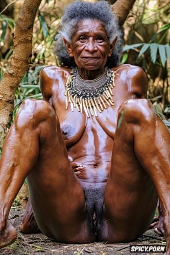 wearing tribal necklace, skeletal body, sweaty, flashing her open hairy black pussy