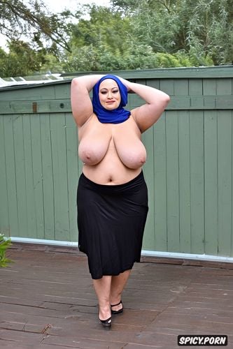 sweating, bbw with hijab, raising her arms to let two men licking her armpits